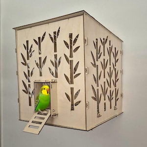 Modern bird cage made of natural wood, Fully nature inspired design, Full set, 2 perches, 1 swing, 1 feeder, Medium and Large size.