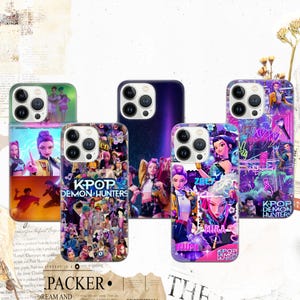 May include: Several phone cases with eye-catching designs. Each case displays colourful graphics of K-Pop stars and the text "KPOP DEMON HUNTERS." The cases feature diverse artistic styles, including portraits and collages, with a mix of bright and neon colours.