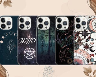 May include: Five smartphone cases arranged in a row, each featuring distinct designs including moon phases, a galaxy print with the word witch, a forest scene with a pentagram, hands with botanical elements, and a celestial map with stars and moons.