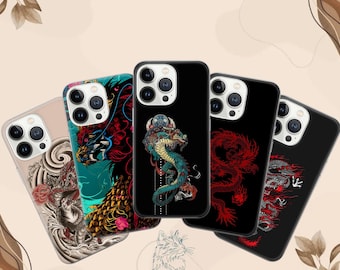 May include: Five phone cases with dragon designs. The cases feature a variety of colors, including red, blue, and green, against black and clear backgrounds. The cases have a glossy finish and are arranged in a fan shape.