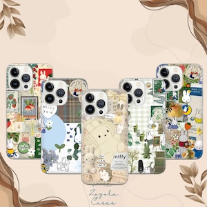 Può includere: Cinque custodie per telefono con vari disegni con coniglietti dei cartoni animati, francobolli ed elementi floreali. Una custodia ha il testo "miss you", un'altra dice "YOU CAN DO IT!" e "miffy". Le custodie sono in una varietà di colori, tra cui verde, blu e beige.