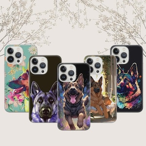 May include: A collection of five phone cases featuring German Shepherd dog illustrations. The cases showcase various artistic styles, including floral, watercolor, and digital art, with vibrant colors and detailed depictions of the dogs.