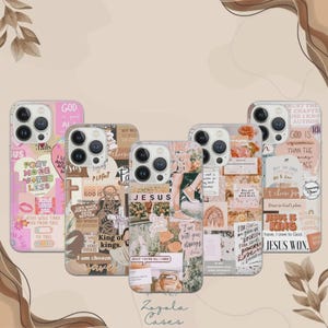 May include: A selection of phone cases with diverse designs. The cases display inspirational quotes, religious text, and collage-style graphics in pastel shades. The cases are clear with a protective bumper around the edges. The brand name "Zazola Cases" is printed at the bottom.