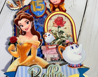 Beauty and the Beast Belle 3D Layered Cake Topper, Custom Name Age (8" Wide)