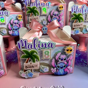 May include: Pink gift boxes decorated with a tropical theme, featuring the name "Malina" and the number "8". Each box has a pink bow and a cartoon character illustration. The boxes are adorned with palm trees, flowers, and a sign that says "Way to Beach".