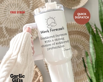 Work Forecast Funny Tumbler for Coworker, Personalized Office Humor Gift, Sarcastic Work Travel Cup, Work Bestie Birthday Travel Mug