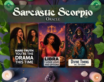 Könnte beinhalten: Ein Sarcastic Scorpio Oracle Kartendeck mit drei illustrierten Karten. Die erste zeigt eine Person, die vor einem Spiegel weint, mit dem Text Hard Truth You're The Drama This Time. Die zweite zeigt eine Person mit Handys und dem Text Libra I Love Love And Options. Die dritte zeigt eine betende Person mit dem Text Divine Timing Omg... Stop Asking!