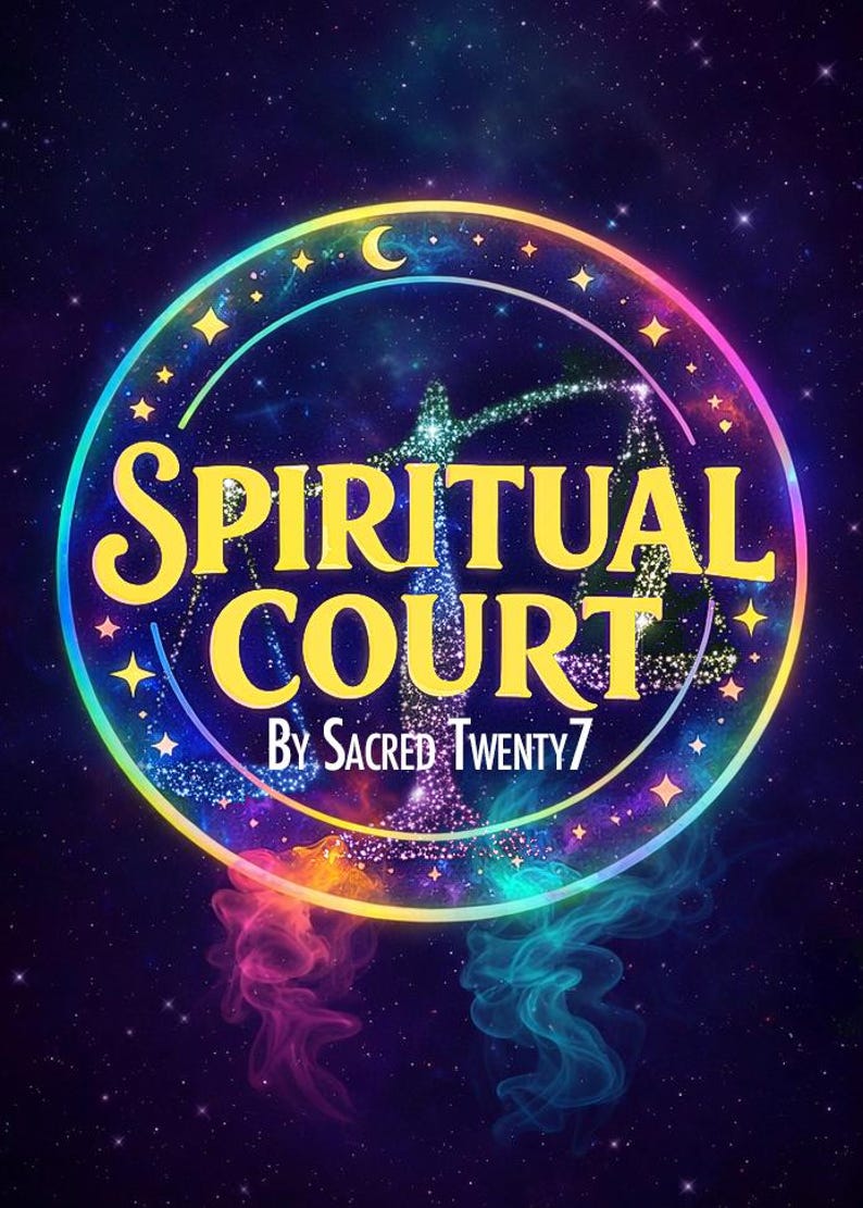 Pu&ograve; includere: Grafica digitale con la scritta "Spiritual Court" in giallo, circondata da un anello dai colori dell'arcobaleno con stelle e una luna crescente. Il testo "By Sacred Twenty7" &egrave; in basso, su uno sfondo stellato.