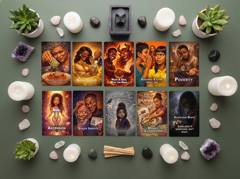 Pu&ograve; includere: Un set di tarocchi con illustrazioni e testi come "Gold Digger" e "Poverty". Disposti con candele, cristalli e piante su una superficie verde, creando un'estetica mistica.