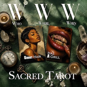 May include: Two rectangular cards labeled Sacred Tarot featuring a person with short hair and a person with a gold grill on their teeth. The cards are surrounded by a pocket watch, two lit candles, a metal key, and several clear quartz crystals.