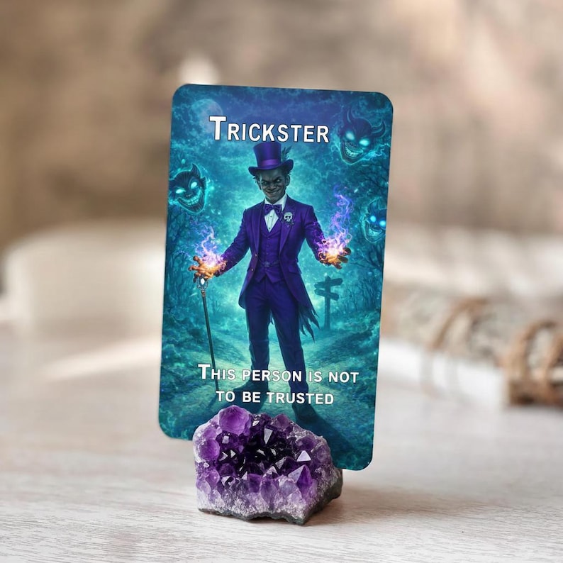 Pu&ograve; includere: Una carta dei tarocchi raffigurante una figura in abito viola con un cappello a cilindro, etichettata "Trickster". La carta &egrave; sostenuta da una geode di ametista viola. Il testo "THIS PERSON IS NOT TO BE TRUSTED" si trova in basso sulla carta.