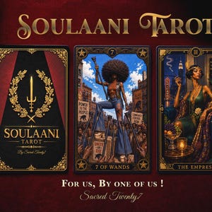 May include: Three rectangular tarot cards from the Soulaani Tarot deck. The left card features a gold sword and laurel wreath logo. The center card, 7 of Wands, shows a person with an afro holding a staff. The right card, The Empress, depicts a seated figure.