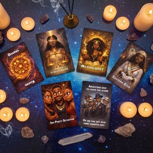 Pu&ograve; includere: Un gruppo di carte dei tarocchi con varie illustrazioni e testi, tra cui "Dharma", "Justice is Being Served" e "Alchemist". Le carte sono disposte su una superficie blu stellata, circondate da candele accese, cristalli e pietre.