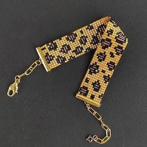 Handwoven Leopard Seed Bead Cuff Bracelet, Bold Animal Print Adjustable Jewelry