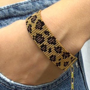 Leopard Cuff Seed Bead Bracelet, Gold Plated Findings, Adjustable Length, Miyuki Glass Beads