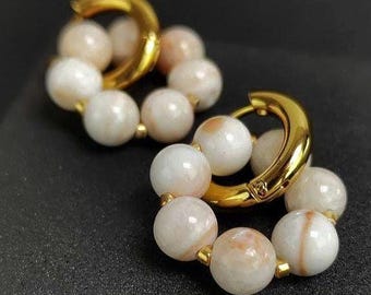 Créoles Huggie opale rose, bijoux minimalistes en plaqué or
