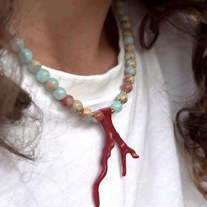 Necklace with Coral Pendant, Imitation Gemstone Imperial Jasper and Red Pendant, Blue Beads and Gold Plated Findings, Adjustable Length