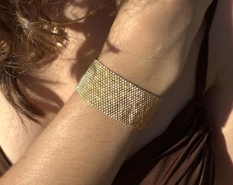 Handwoven Miyuki Seed Bead Cuff Bracelet, Gold Glass Beads Adjustable