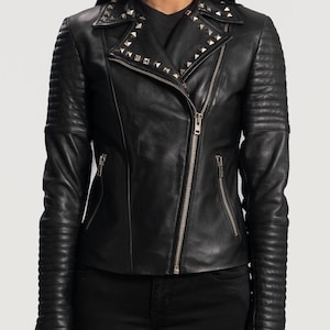 Women’s Black Genuine Leather Jacket with Studs – Handmade Punk Rock Biker Jacket, Edgy Motorcycle Fashion Outerwear