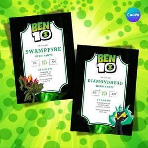 Convite de aniversário do Ben 10: dois designs exclusivos (PDF para impressão e link do Canva)