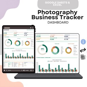 Peut inclure: Un tableau de bord numérique de suivi d'activité de photographie pour Google Sheets et Excel affiché sur une tablette et un ordinateur portable. L'interface présente des données financières, des graphiques en anneau et des histogrammes.