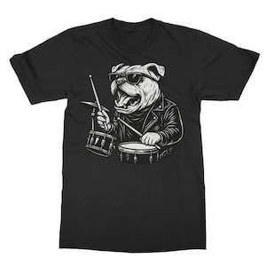 Funny Bulldog Drummer T‑Shirt – Humorous Dog Music Tee – Gift for Drummers & Dog Lovers