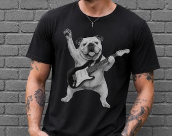 Camiseta divertida de bulldog inglés tocando la guitarra eléctrica, estilo rock and roll grunge punk rock.