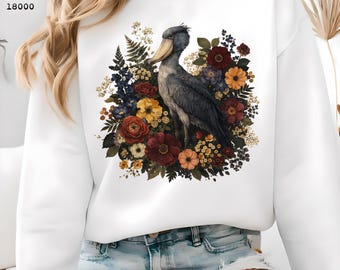 Sudadera con estampado de picozapato, suéter con flores silvestres y pájaros, top con estampado de cigüeña y flores prensadas, camiseta con estampado de naturaleza y vida silvestre