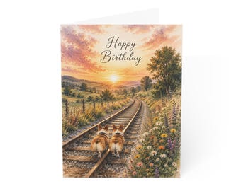 Corgi Birthday Card, Sunset Railroad Landscape