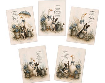 Juego de 5 tarjetas de felicitación con temática de Boston Terrier cristiano. Tarjetas con mensajes de aliento y citas bíblicas.