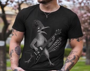 Funny Roadrunner Playing Electric Guitar T-Shirt, Rocker Graphic Tee, Rock N Roll Gift, Comfort Colors Shirt