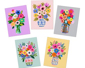 Juego de tarjetas de felicitación con diseño de ramo floral, paquete de 5 tarjetas con flores brillantes y vibrantes en jarrones.