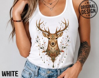 Ornate Deer Buck Racerback Tank Top, Boho Shirt, Folk Art Gift