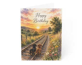 Dachshund Birthday Card, Sunset Railroad Landscape