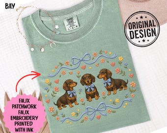 Dachshund Trio Floral T-Shirt, Cute Folk Art Tee, 80s Style Comfort Colors Shirt