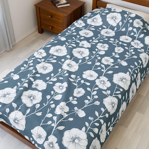 Cozy White and Blue Floral Velveteen Plush Blanket, Cottagecore Soft Throw for Home Decor, Wedding Gift, Nursery Bedding, Comfortable Luxury