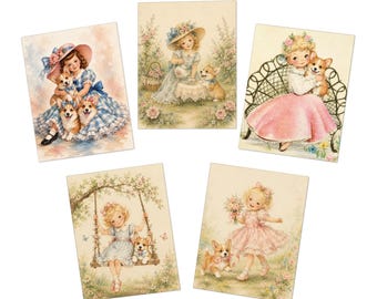 Lindas tarjetas de Corgi, juego de tarjetas de felicitación retro para niñas con Corgi, paquete surtido de 5 unidades.