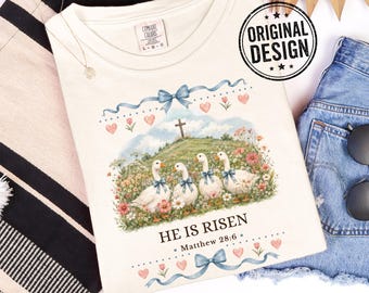He Is Risen T-Shirt Christian 80s Goose Tee, Comfort Colors Shirt