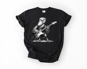 Funny Shoebill Electric Guitar Graphic T-Shirt monochrome Cute Retro Stork Rock N Roll 90s Grunge 80 Y2K Aesthetic Comfort Colors Shirt
