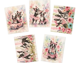 Juego de tarjetas de felicitación Boston Terrier, paquete de 5 tarjetas de notas florales, bailarina