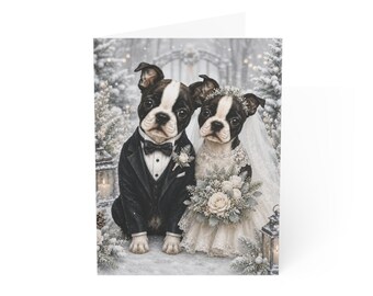 Boston Terrier Wedding Card, Winter Snow Boston Terrier Congratulations, Boston Terrier Bride and Groom