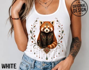 Ornate Red Panda Racerback Tank Top, Boho Shirt, Folk Art Gift