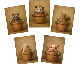 Juego de 5 tarjetas de felicitación con adorables animales salvajes: mapache, zarigüeya, ardilla, conejo de orejas caídas y cerdo.