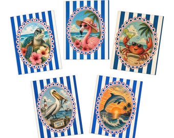 Juego de tarjetas de felicitación con animales costeros vintage, paquete de 5 tarjetas de playa: tortuga, flamenco, delfín, cangrejo y pelícano.