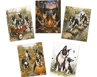 Paquete de 5 tarjetas de felicitación con diseño de Boston Terrier. Juego de tarjetas de notas surtidas con diseño de Boston Terrier.