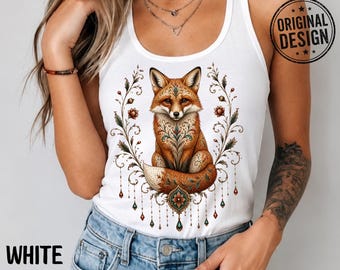 Ornate Fox Racerback Tank Top, Boho Shirt, Folk Art Gift