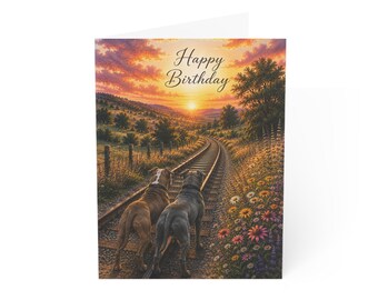 Pitbull Birthday Card, Sunset Railroad Landscape