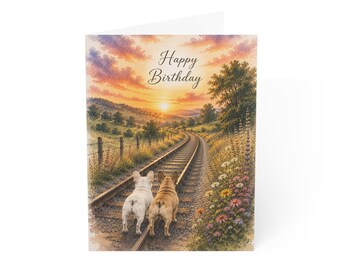 French Bulldog Birthday Card, Sunset Railroad Landscape