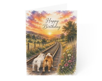 English Bulldog Birthday Card, Sunset Railroad Landscape