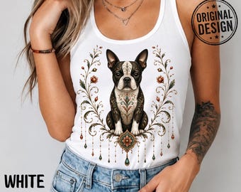 Ornate Boston Terrier Racerback Tank Top, Boho Folk Art Shirt